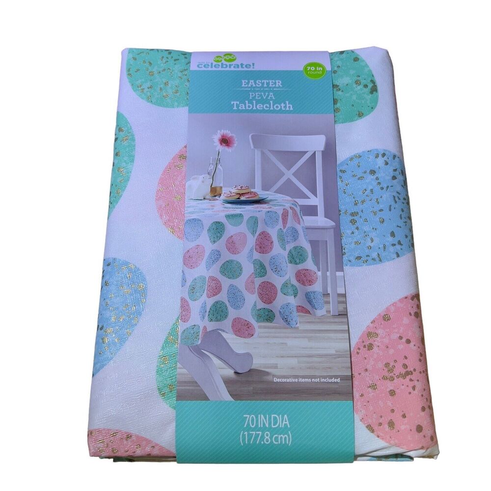 Way to Celebrate Easter Peva 70" Round Tablecloth Colorful Easter Eggs Vinyl NEW